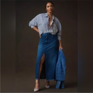 Anthropologie Pilcro the Madi Front Slit Denim Midi Skirt Dark Wash 12 Hemmed